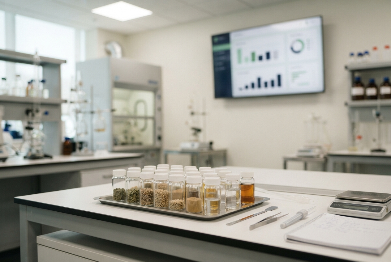 Laboratory workbench with sample jars, tools, a digital balance, and an analytics monitor.