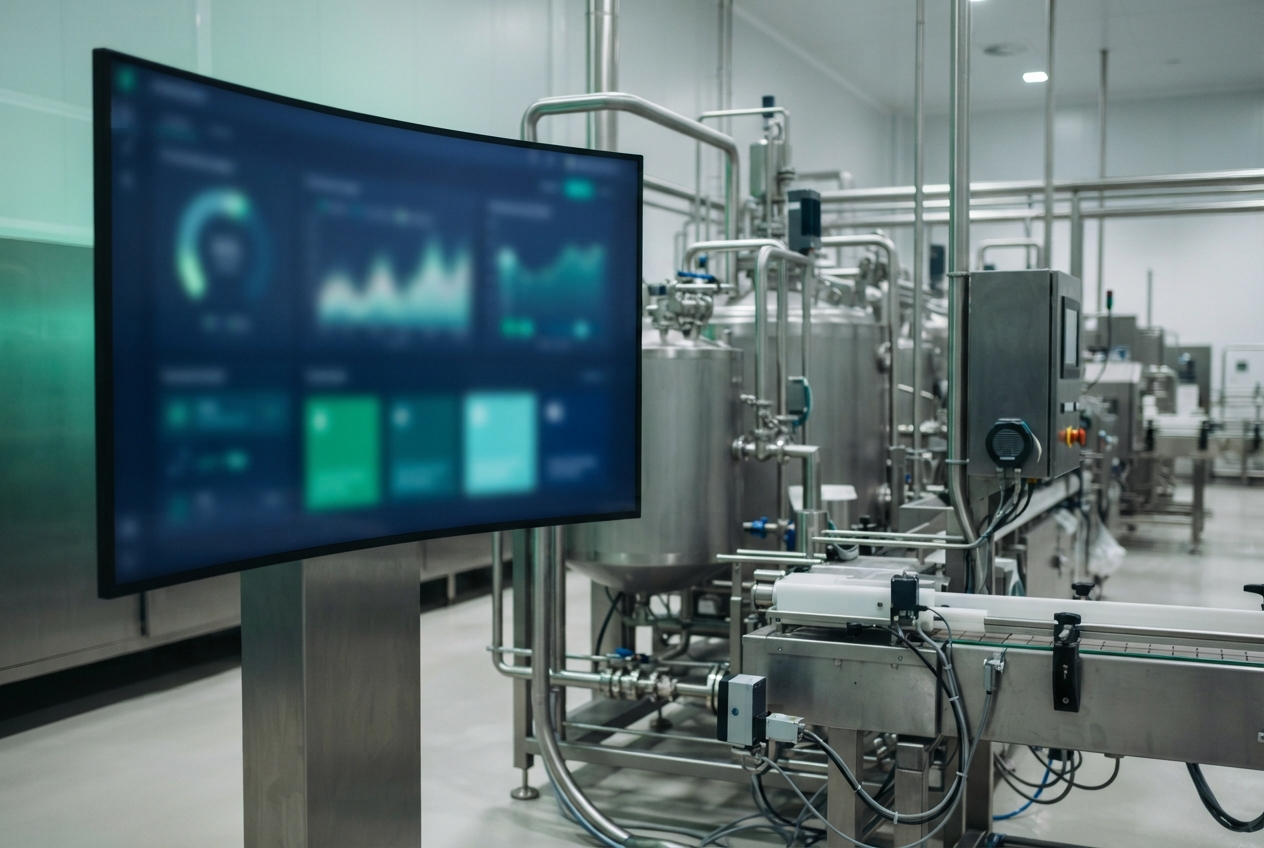 Industrial processing facility with blurred dashboard monitor, stainless tanks, pipes, controls, and conveyor machinery.