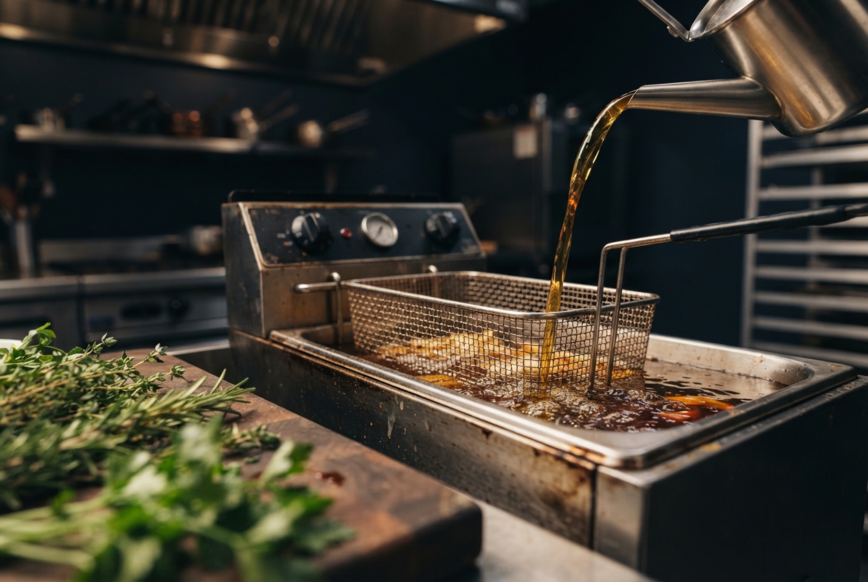 Commercial fryer with a wire basket as golden oil pours in, surrounded by fresh herbs in a dim kitchen.