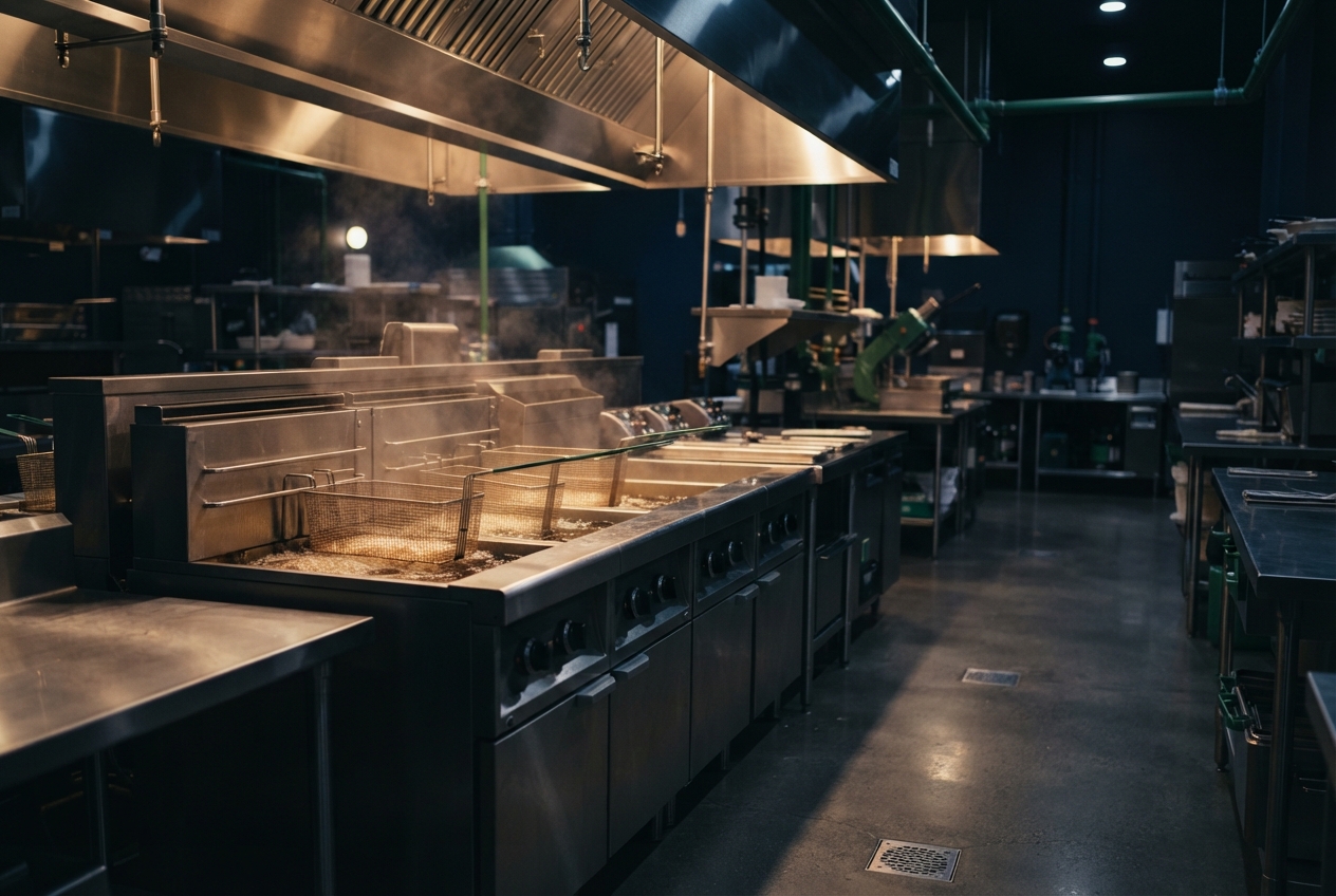 Empty commercial kitchen with steaming deep fryers beneath a large stainless-steel ventilation hood.